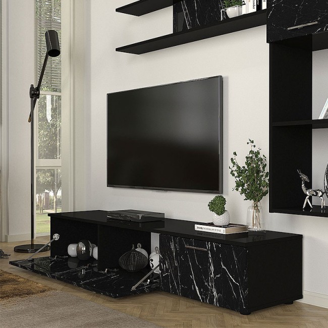 Σύνθεση τηλεόρασης Darcy Megapap χρώμα μαύρο εφέ μαρμάρου - μαύρο 180x40x33εκ.