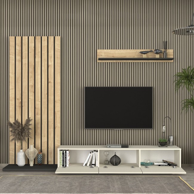 Σύνθεση τηλεόρασης Nagini Megapap χρώμα ivory - sapphire oak - ανθρακί 260x39,4x203,6εκ.