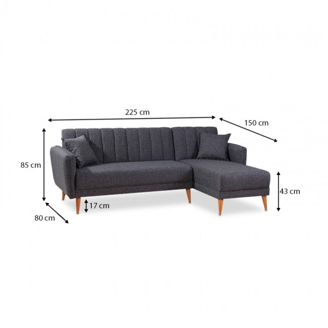 Γωνιακός καναπές - κρεβάτι Nathan Megapap δεξιά γωνία υφασμάτινος χρώμα ανθρακί 225x150x85εκ.