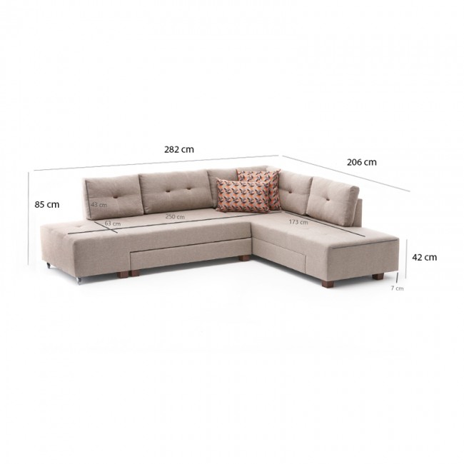 Γωνιακός καναπές - κρεβάτι Manama Megapap δεξιά γωνία υφασμάτινος χρώμα κρεμ 280x206x85εκ.