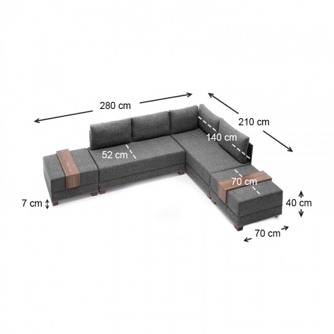 Γωνιακός καναπές - κρεβάτι Fly Megapap δεξιά γωνία υφασμάτινος χρώμα ανθρακί 280x210x80εκ.