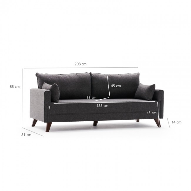 Καναπές - κρεβάτι Bella Megapap τριθέσιος υφασμάτινος χρώμα ανθρακί 208x81x85εκ.