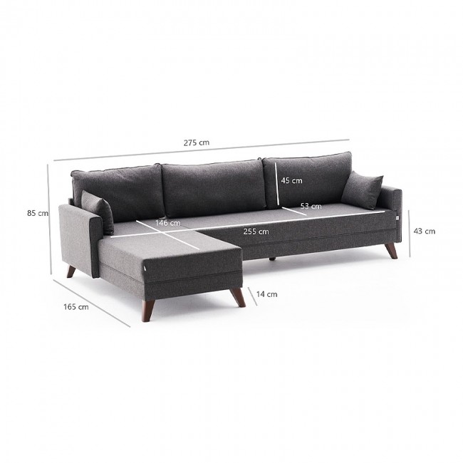 Γωνιακός καναπές Bella Megapap αριστερή γωνία υφασμάτινος χρώμα ανθρακί 275x165x85εκ.