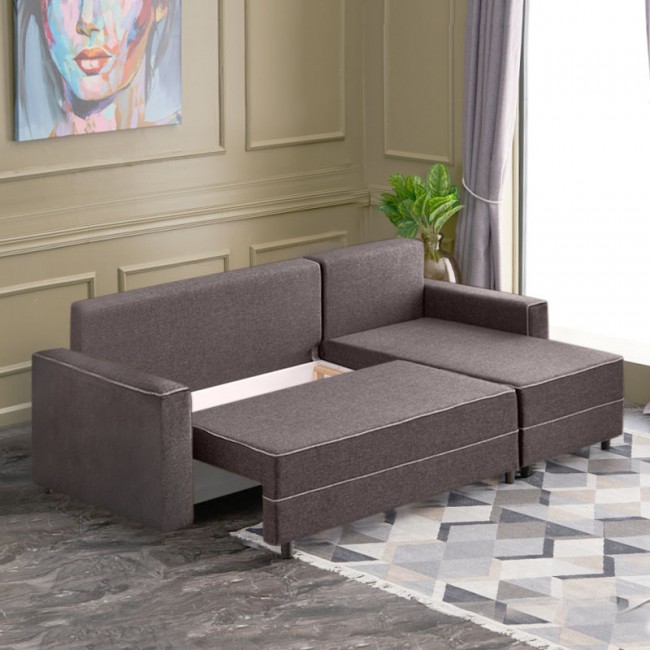 Γωνιακός καναπές - κρεβάτι Ece Megapap δεξιά γωνία υφασμάτινος με αποθηκευτικό χώρο χρώμα καφέ 242x150x88εκ.