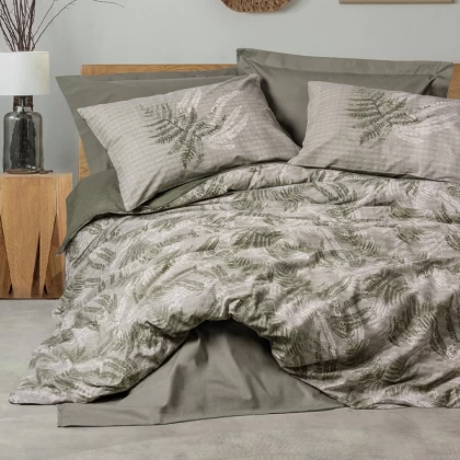 Σετ παπλωματοθήκη Frond Cotton Box 4 τμχ Διπλή (200x220) χρώμα χακί