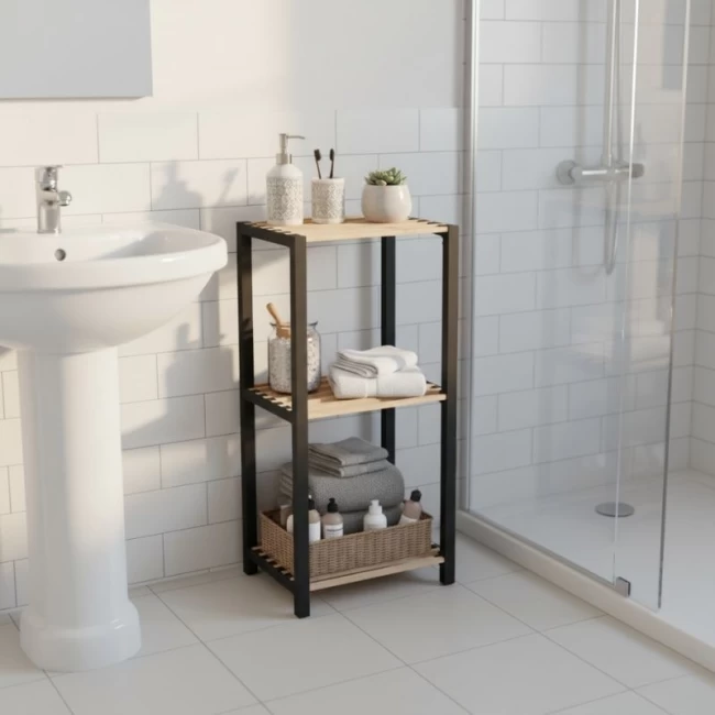 Ραφιέρα δαπέδου - Κομοδίνο ξύλινο - πλαστικό χρώμα φυσικό - μαύρο 37x29x79εκ.