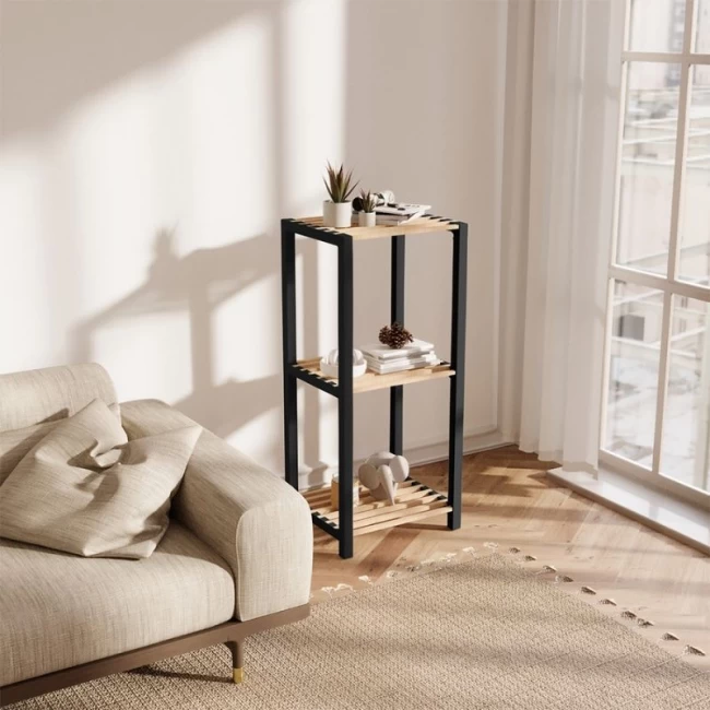 Ραφιέρα δαπέδου - Κομοδίνο ξύλινο - πλαστικό χρώμα φυσικό - μαύρο 37x29x79εκ.