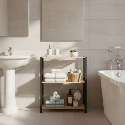 Ραφιέρα δαπέδου - Τραπεζάκι βοηθητικό ξύλινο - πλαστικό χρώμα φυσικό - μαύρο 65x29x78εκ.