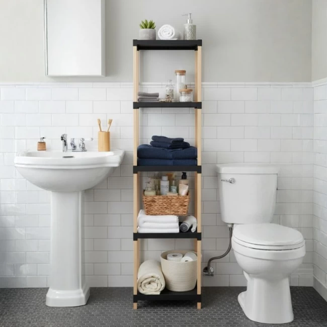 Ραφιέρα δαπέδου πλαστική - ξύλινη χρώμα φυσικό - μαύρο 28x25x137εκ.