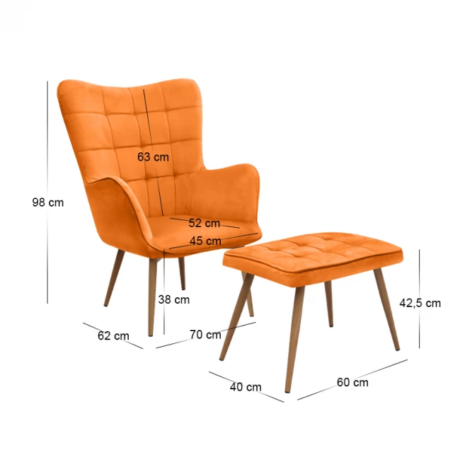 Πολυθρόνα - Μπερζέρα με υποπόδιο Lily Megapap κροκί βελούδο - μεταλλικό πόδι χρώμα φυσικό 70x62x98εκ.