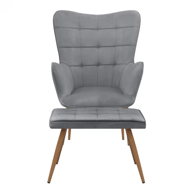 Πολυθρόνα - Μπερζέρα με υποπόδιο Lily Megapap γκρι βελούδο - μεταλλικό πόδι χρώμα φυσικό 70x62x98εκ.