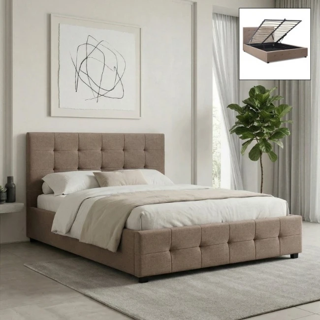 Κρεβάτι Iro Megapap υφασμάτινο με αποθηκευτικό χώρο χρώμα μπεζ - καφέ 160x200εκ.