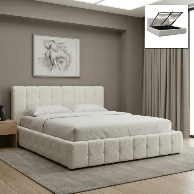 Κρεβάτι Norah Megapap μπουκλέ ύφασμα με αποθηκευτικό χώρο χρώμα ivory 160x200εκ.