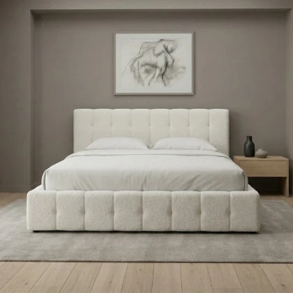 Κρεβάτι Norah Megapap μπουκλέ ύφασμα με αποθηκευτικό χώρο χρώμα ivory 160x200εκ.