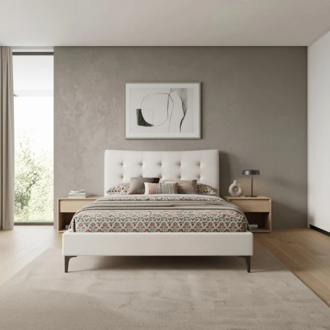 Κρεβάτι Mirel Megapap υφασμάτινο χρώμα ανοιχτό μπεζ 160x200εκ.