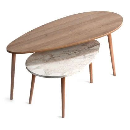 Βοηθητικά τραπεζάκια Elips Megapap χρώμα oak - μπεζ εφέ μαρμάρου 116x46x46εκ.