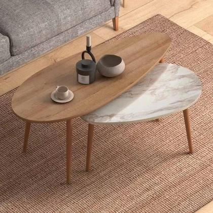 Βοηθητικά τραπεζάκια Elips Megapap χρώμα oak - μπεζ εφέ μαρμάρου 116x46x46εκ.