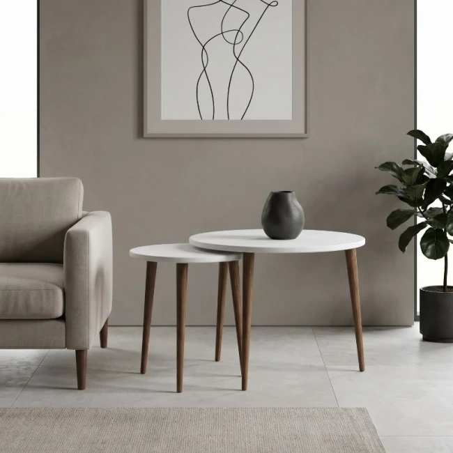 Τραπεζάκι σαλονιού σετ 2 τμχ Nola Megapap χρώμα λευκό Ø60x46εκ.