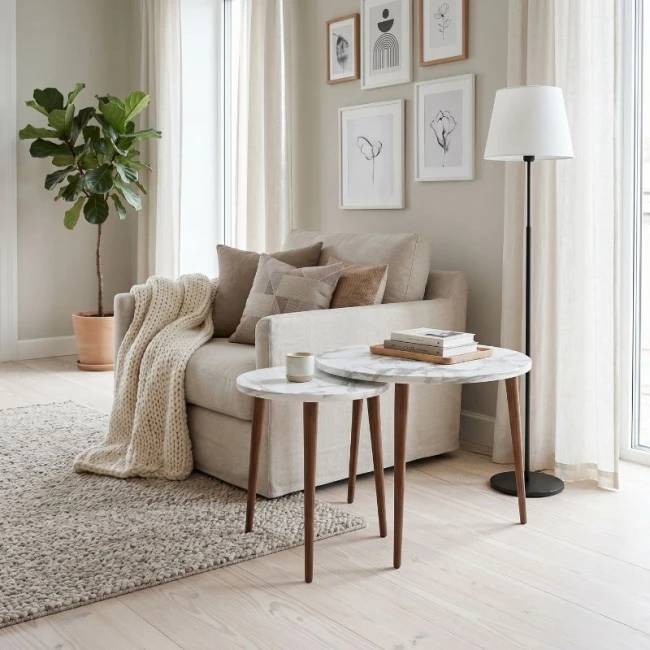 Τραπεζάκι σαλονιού σετ 2 τμχ Nola Megapap χρώμα λευκό εφέ μαρμάρου Ø60x46εκ.