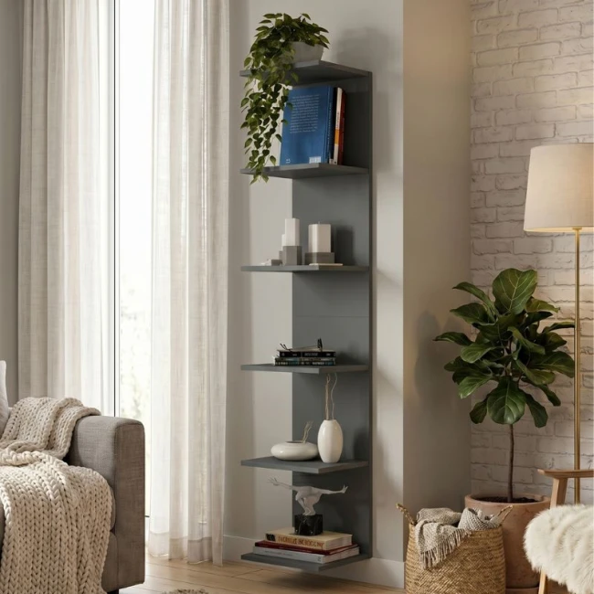 Βιβλιοθήκη - Ραφιέρα τοίχου Silver Megapap χρώμα ανθρακί 34,6x31,5x180εκ.