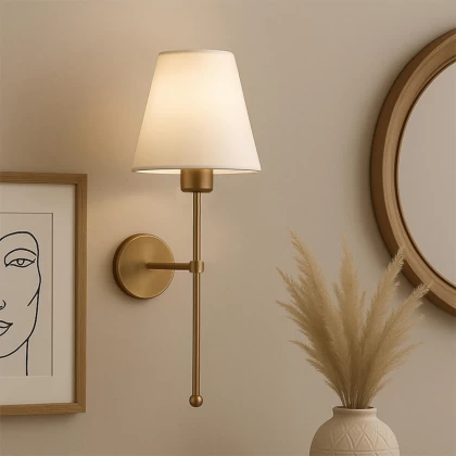 Απλίκα τοίχου Verma Megapap E27 υφασμάτινη - μεταλλική χρώμα χρυσό - κρεμ 13x13x50εκ.