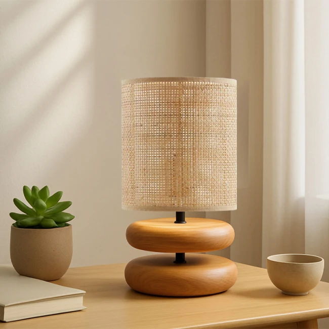 Φωτιστικό επιτραπέζιο Lucia Megapap E14 ξυλινο - pe rattan χρώμα φυσικό Ø15x35εκ.
