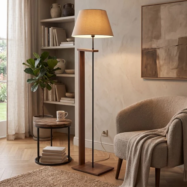 Φωτιστικό δαπέδου Moris Megapap MDF - ύφασμα PVC χρώμα καρυδί - μπεζ Φ38x150εκ.