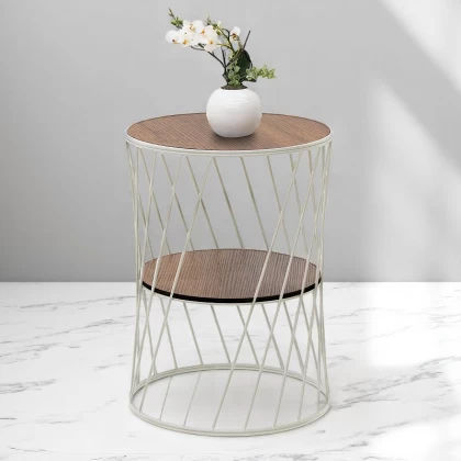 Βοηθητικό τραπεζάκι Jaspin Megapap μεταλλικό - Mdf χρώμα λευκό - καρυδί 32x32x44εκ.