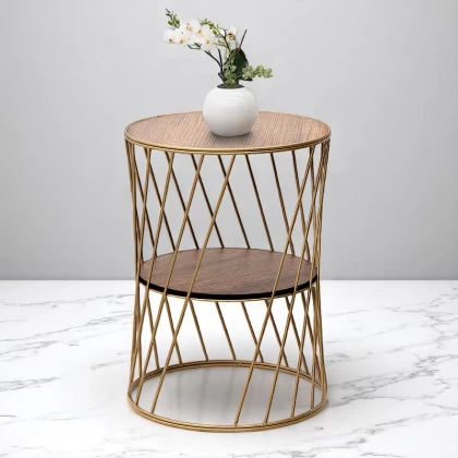 Βοηθητικό τραπεζάκι Jaspin Megapap μεταλλικό - Mdf χρώμα χρυσό - καρυδί 32x32x44εκ.