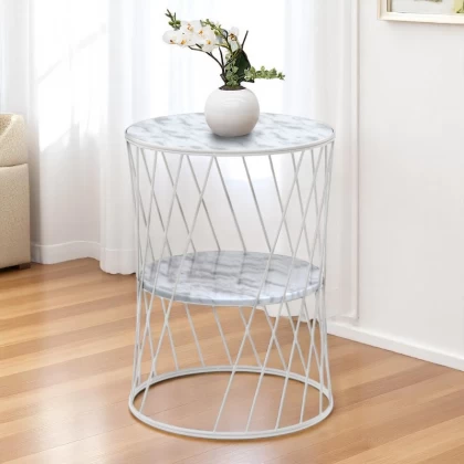 Βοηθητικό τραπεζάκι Jaspin Megapap μεταλλικό - Mdf χρώμα λευκό-λευκό εφέ μαρμάρου 32x32x44εκ.