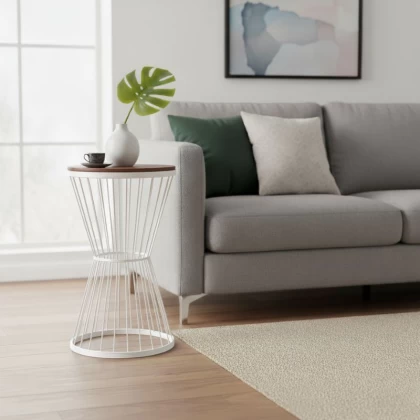 Βοηθητικό τραπεζάκι Hoffman Megapap μεταλλικό - Mdf χρώμα λευκό - καρυδί 35x35x58εκ.