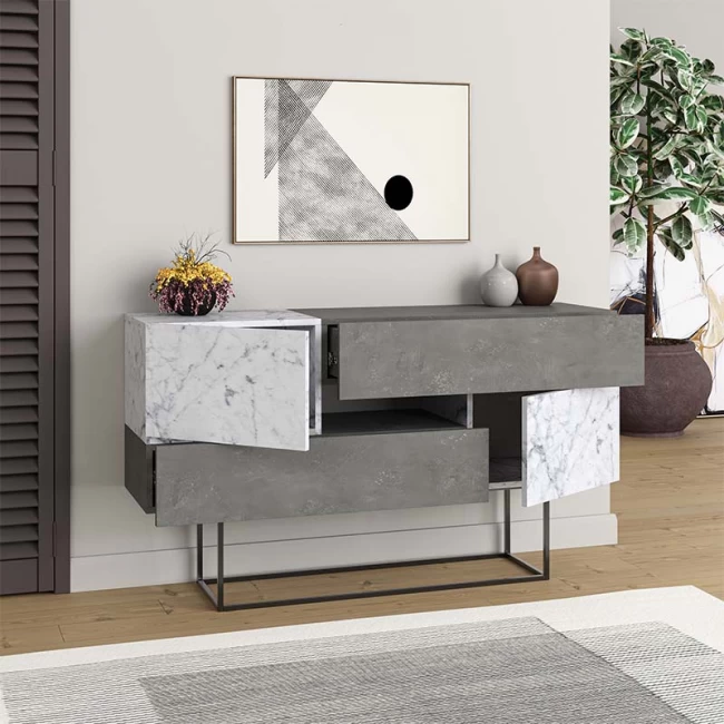 Μπουφές Eros Megapap γκρι ρετρό - λευκό εφέ μαρμάρου 145x40x82εκ.