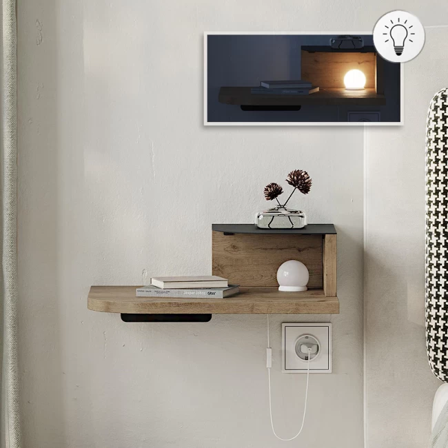 Κομοδίνο επιτοίχιο Luno Megapap με LED χρώμα sepet oak 40x30x16,2εκ.