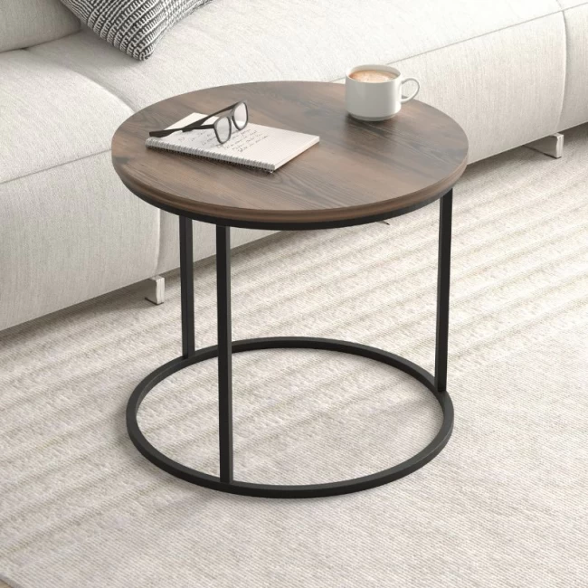 Τραπεζάκι σαλονιού σετ 2 τμχ Hilal Megapap χρώμα καπνιστή καρυδιά Ø66x49,5εκ.