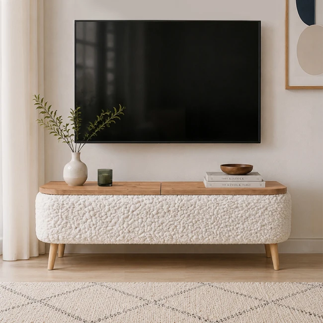 Έπιπλο τηλεόρασης Luno Megapap ύφασμα teddy χρώμα λευκό - pine oak 120x30x45εκ.