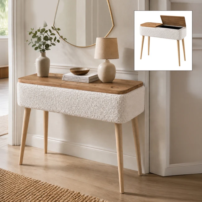 Κονσόλα Luno Megapap ύφασμα teddy χρώμα λευκό - pine oak 90x30x90εκ.