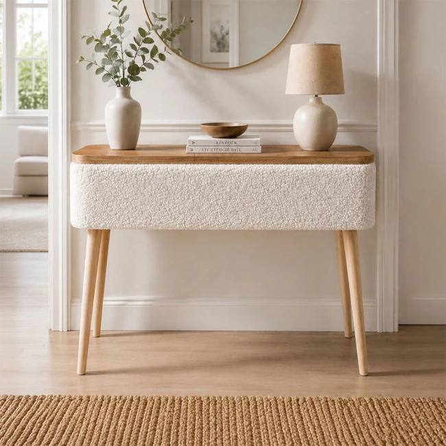Κονσόλα Luno Megapap ύφασμα teddy χρώμα λευκό - pine oak 90x30x90εκ.