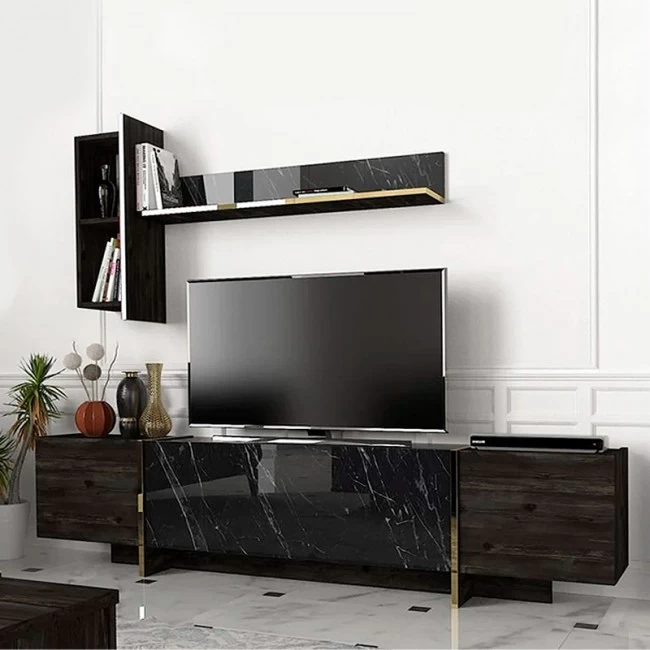 Σύνθεση τηλεόρασης Veyron Megapap χρώμα μαύρο rebab - μαύρο εφέ μαρμάρου 180x33x45εκ.