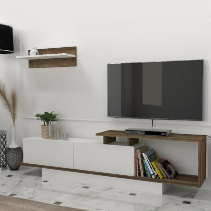 Έπιπλο τηλεόρασης Novara Megapap χρώμα λευκό - καρυδί 180x29,6x45εκ. Έπιπλο τηλεόρασης Novara Megapap χρώμα λευκό - καρυδί 180x29,6x45εκ.