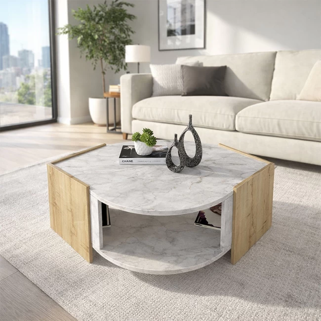 Τραπεζάκι σαλονιού Marbel Megapap χρώμα sapphire oak - λευκό εφέ μαρμάρου 75x75x40εκ.