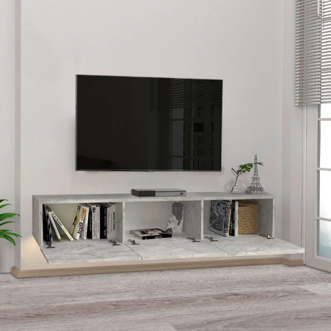 Έπιπλο τηλεόρασης επιτοίχιο Damla Megapap με LED χρώμα λευκό εφέ μαρμάρου 180x29,5x29,5εκ.