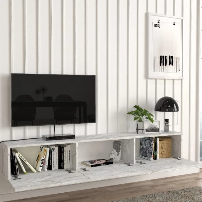 Έπιπλο τηλεόρασης επιτοίχιο Damla Megapap με LED χρώμα λευκό εφέ μαρμάρου 180x29,5x29,5εκ.
