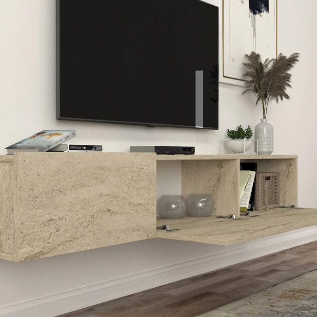 Έπιπλο τηλεόρασης επιτοίχιο Damla Megapap με LED χρώμα travertine 180x29,5x29,5εκ.