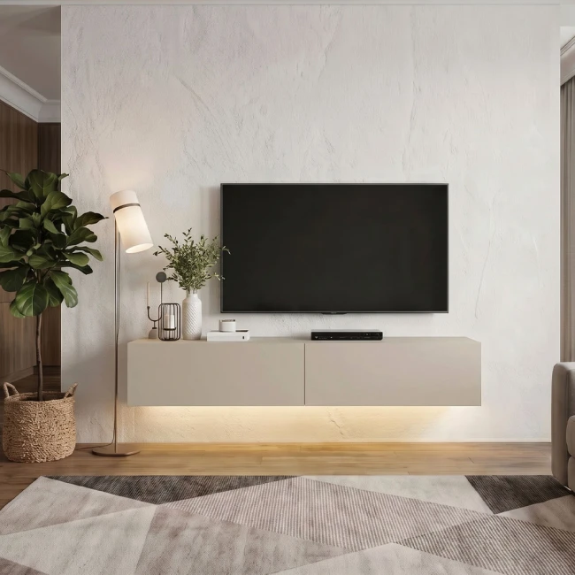 Έπιπλο τηλεόρασης επιτοίχιο Aristo Megapap με LED χρώμα sandstone 135x31,6x25εκ.