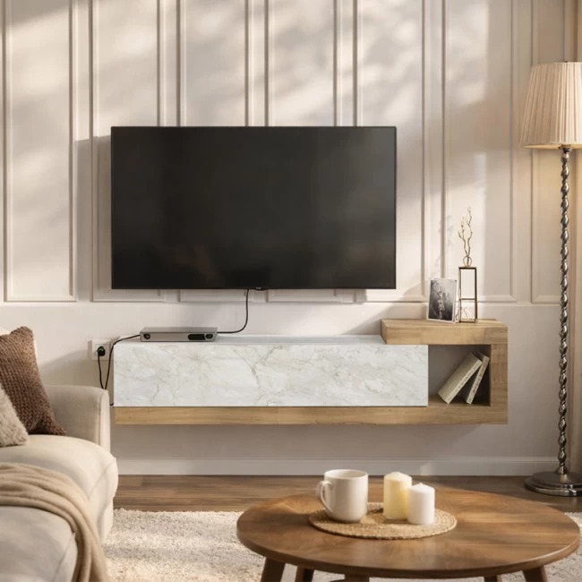 Έπιπλο τηλεόρασης επιτοίχιο Volare Megapap χρώμα λευκό εφέ μαρμάρου - sapphire oak 150x29,6x38,6εκ.