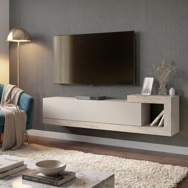 Έπιπλο τηλεόρασης επιτοίχιο Volare Megapap χρώμα sandstone - travertine 150x29,6x38,6εκ.