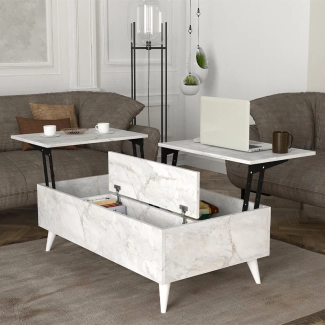 Τραπεζάκι σαλονιού Roy Megapap με σερβιτόρο χρώμα λευκό εφέ μαρμάρου 121x69x40εκ.