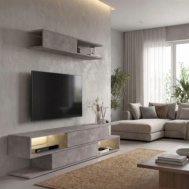 Σύνθεση τηλεόρασης Manet Megapap με LED χρώμα γκρι σκυροδέματος 180x29,5x39εκ.
