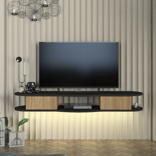 Έπιπλο τηλεόρασης επιτοίχιο Perk Megapap με LED χρώμα ανθρακί - sepet oak 150x35x19,2εκ. Έπιπλο τηλεόρασης επιτοίχιο Perk Megapap με LED χρώμα ανθρακί - sepet oak 150x35x19,2εκ.