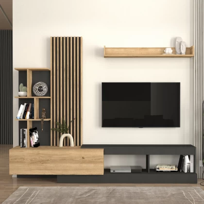 Σύνθεση τηλεόρασης Vermont Megapap χρώμα ανθρακί - sepet oak 240x40x192εκ. Σύνθεση τηλεόρασης Vermont Megapap χρώμα ανθρακί - sepet oak 240x40x192εκ.